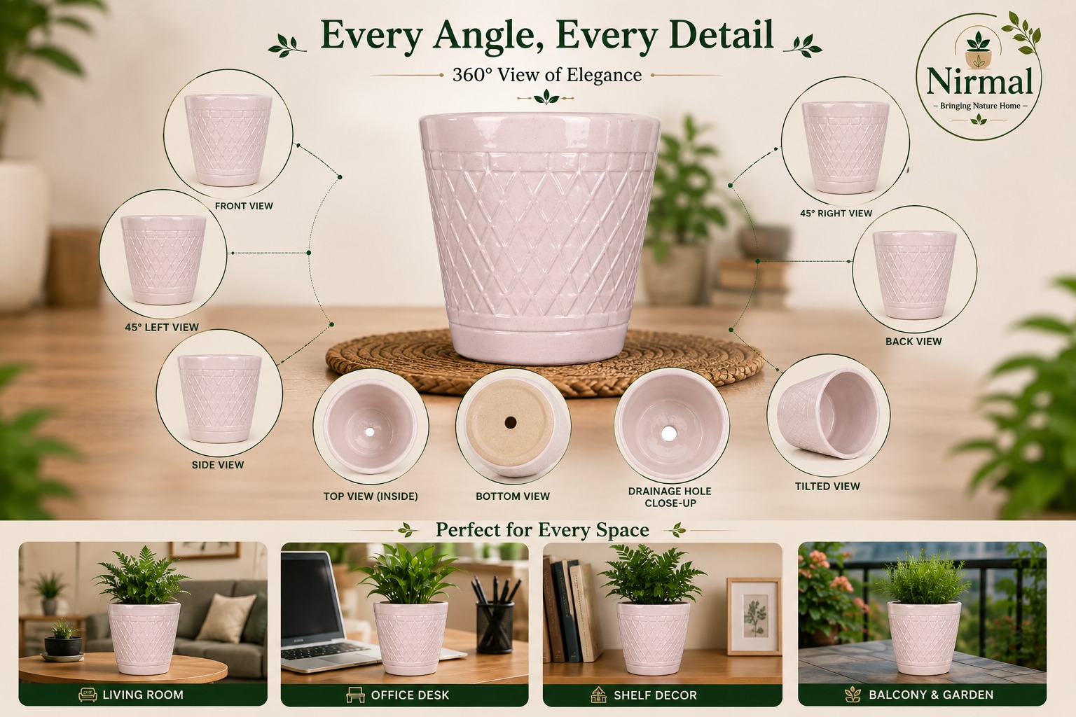 360 degree view of the Nirmal diamond weave planter from every angle, plus lifestyle placements