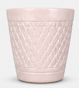 Nirmal glossy blush ceramic planter with a diamond weave lattice pattern