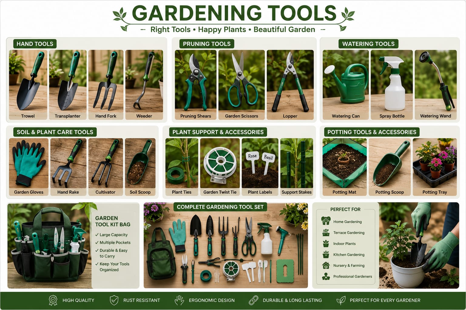 Nirmal complete gardening tool set including hand tools, pruning tools and a tool kit bag
