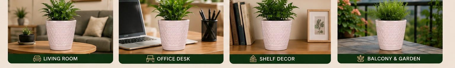 Nirmal planter styled in a living room, office desk, shelf decor and balcony setting
