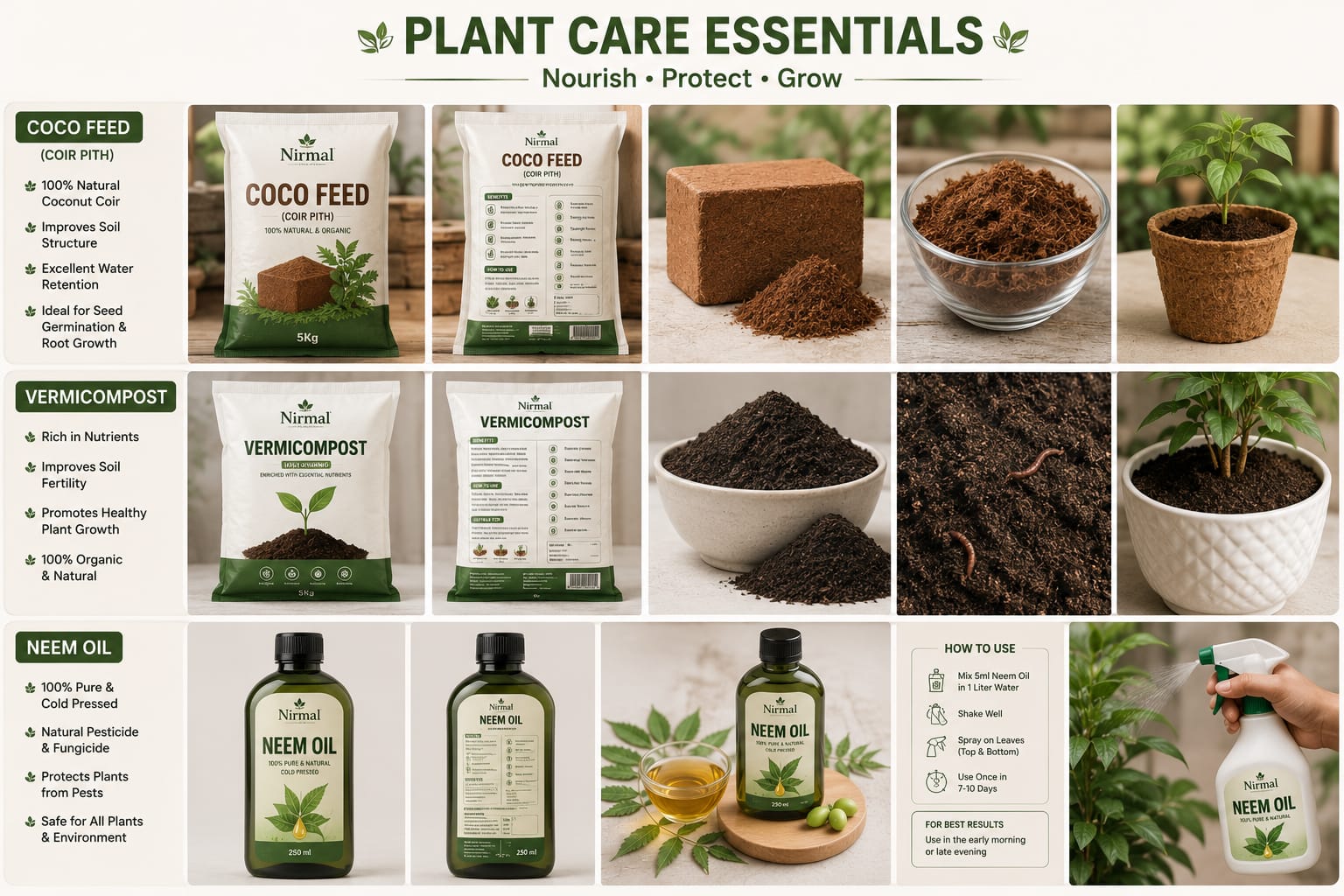 Nirmal plant care essentials: coco feed, vermicompost and neem oil