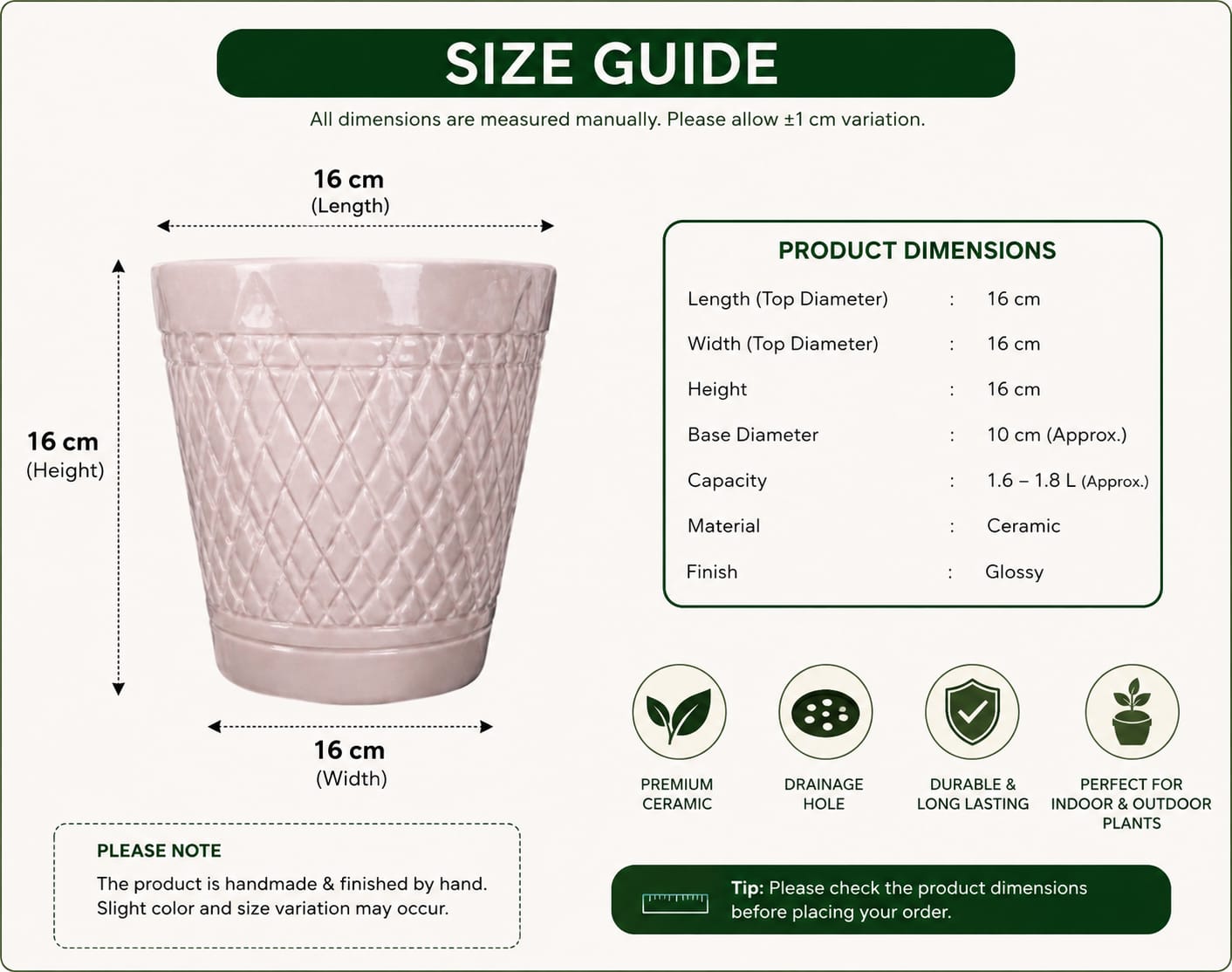 Size guide and full product dimensions for the Nirmal diamond weave planter