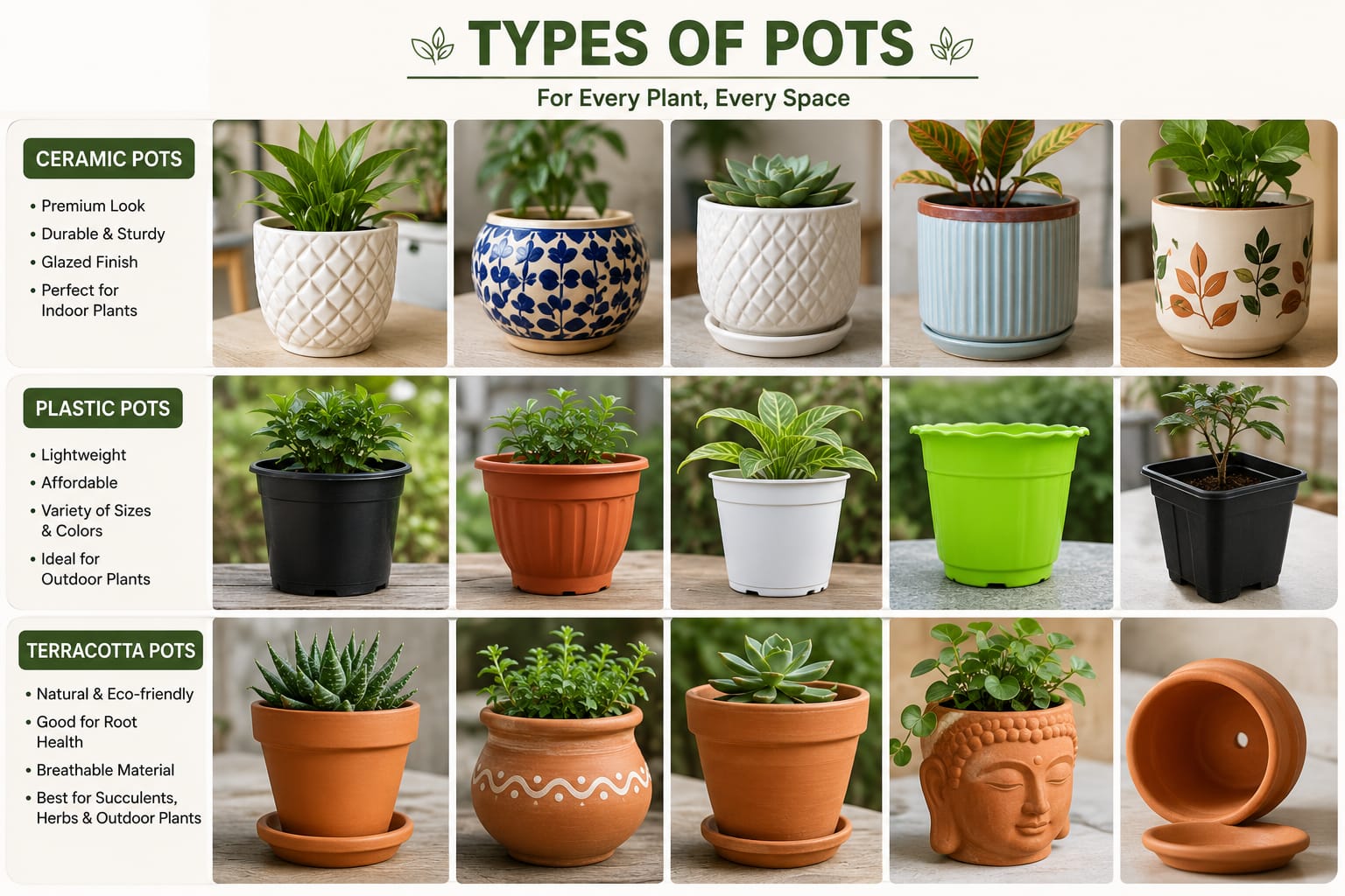 Overview of Nirmal's ceramic, plastic and terracotta pot types